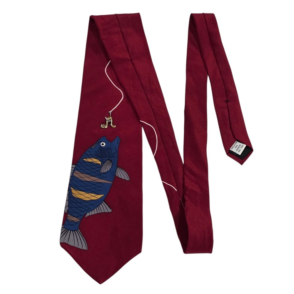 Vicky Davis 'Getting Hooked' Burgundy Fish‎ Fishing Silk Necktie Men's Outdoors